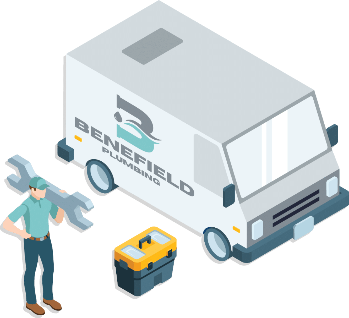 Benefield Plumbing website graphic work vehicle and tools