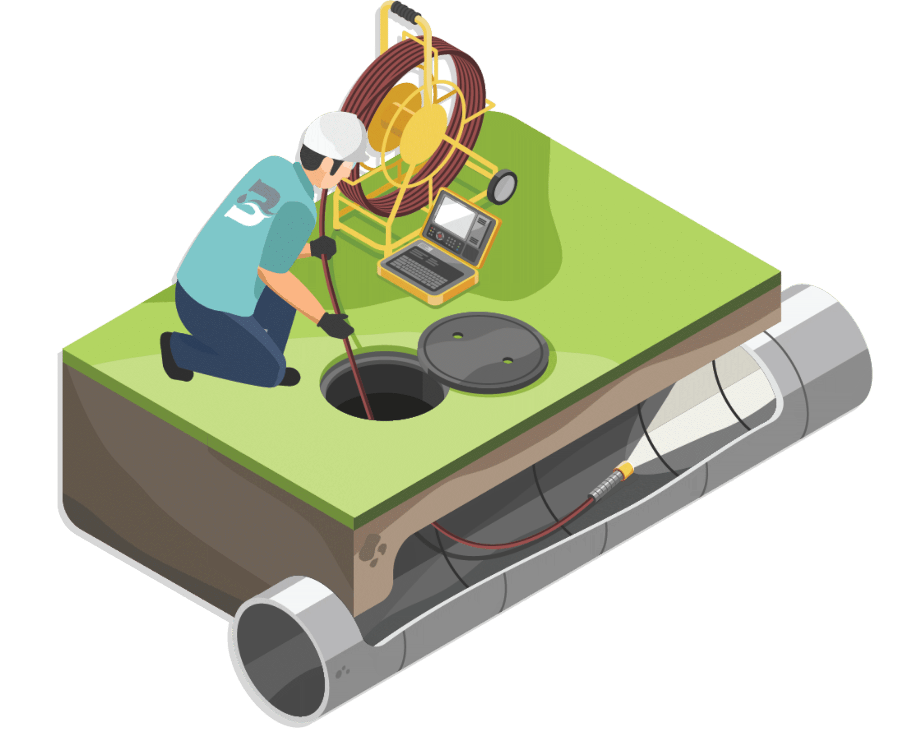 Benefield Plumbing website graphic cartoon plumber completeing an inspection