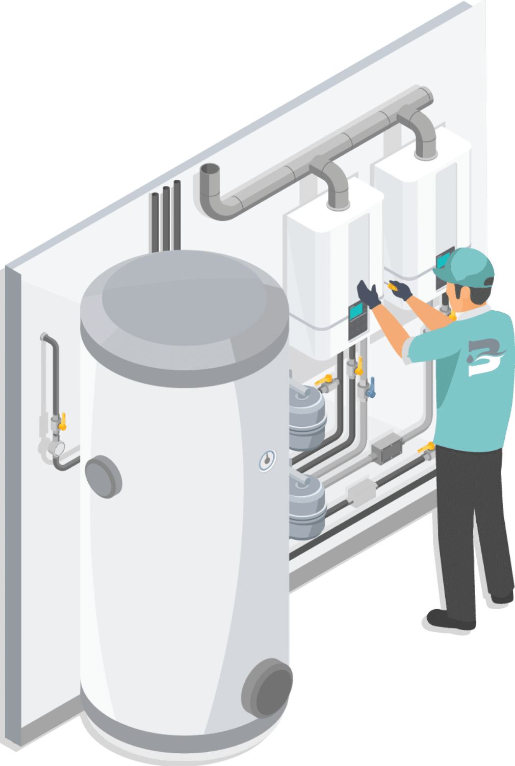Benefield Plumbing website graphic cartoon plumber installing a new construction water heater
