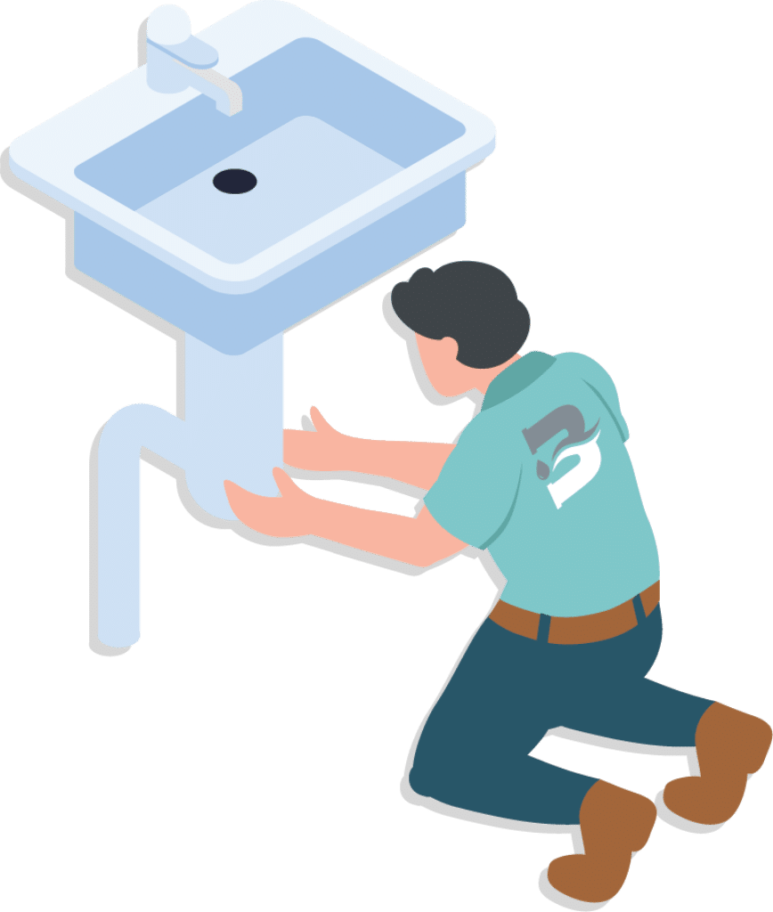 Benefield Plumbing technician graphic cartoon figure repairing a commercial sink
