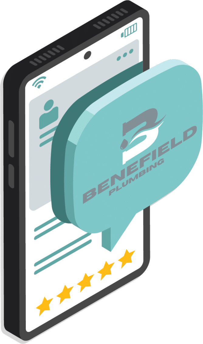 Benefield Plumbing five star reviews graphics on a cell phone